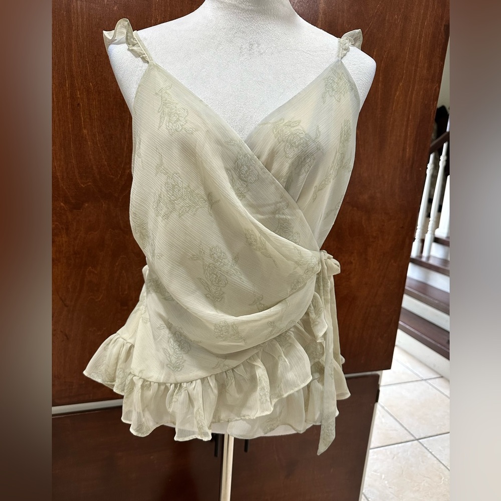 Cream Wrap Top with Ruffle Hem
